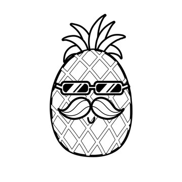 Cute black and white pineapple with mustache and sunglasses. Cute summer coloring page for kids. Cartoon fruit character. Vector illustration