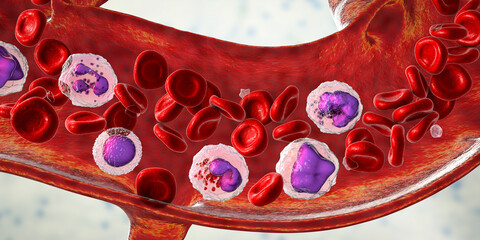 Blood flow. 3D illustration showing different types of blood cells - obrazy, fototapety, plakaty
