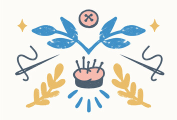 Sew, vintage elements, and sewing tools in stamp style. Vintage vector illustration for banners and cards.