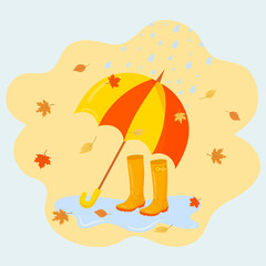 Umbrella, rubber boots and falling autumn leaves. 