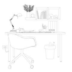 Contour of graphic designer workplace isolated on white background. Front view. Vector illustration