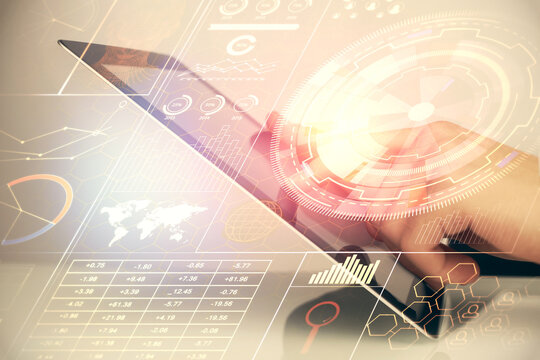 Multi exposure of man's hand holding and using a digital device and data theme drawing. Innovation concept.
