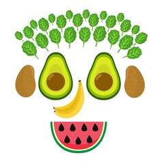 Funny smiling fruit and vegetable face. Funny food mask with avocados instead of eyes, watermelon instead of mouth, bananas instead of nose. Cute vegan print. Vector illustration
