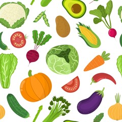 Cute vegetables seamless pattern. Food ingredient background with cabbage, pumpkin, corn, potato, carrot and more. Organic print in cartoon style. Vector illustration