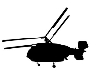 War helicopter flies across the sky. Isolated silhouette on white background