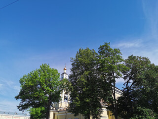 Fototapeta na wymiar The Transfiguration Cathedral in the city of Vyborg against the blue sky.