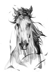 drawn portrait of a horse head on a white background with a mane - 447284356