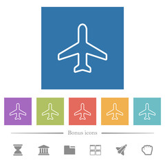 Airplane top view outline flat white icons in square backgrounds
