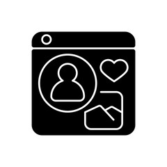 Social networks black glyph icon. Online platform for building social relationships. Finding like-minded individuals. Share photos. Silhouette symbol on white space. Vector isolated illustration