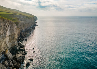 Aerial view of Jurassic Coast cliffs in Dorset, south west England 