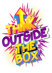Think Outside The Box. Comic book words. Business, motivational, inspirational text on abstract background.