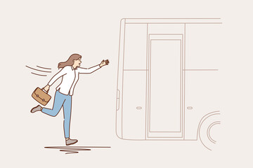 Lateness and lack of time concept. Business woman cartoon character running trying to catch leaving bus outdoors vector illustration - obrazy, fototapety, plakaty