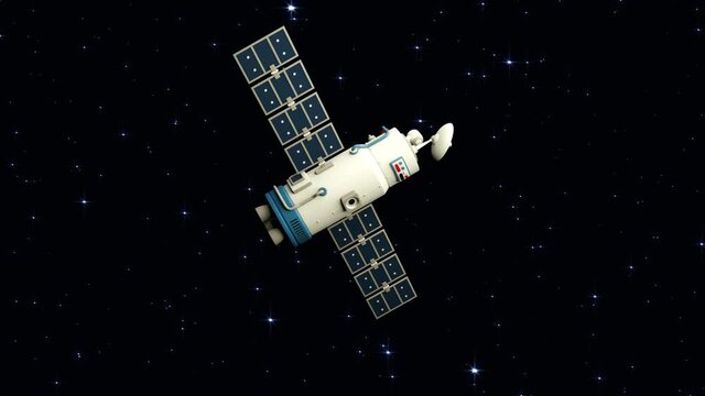 Satellite with rotating antenna flying in space. Space station in orbit. 3d looped animation with alpha channel.