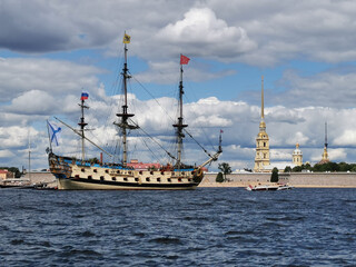 Sailing frigate Poltava in the Neva water area for the Day of the Navy in St. Petersburg