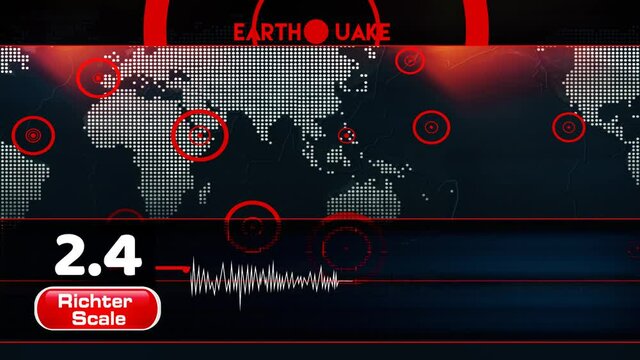 Earthquake with word map, blinking dot and Richter scale, Seismograph Loop - Animated seismograph records earthquake tremors. Seamlessly loop able.