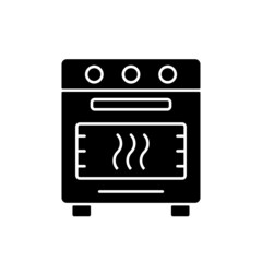 Bake in oven black glyph icon. Domestic cooker. Roasting meal in household stove. Cooking instruction. Food preparation process. Silhouette symbol on white space. Vector isolated illustration