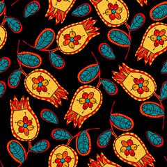 Day of the dead, Dia de los moertos. Seamless pattern with Mexican flowers on black background. Fiesta, holiday pattern. Design for textile, fabric, wrapping, packing, scrapbooking 