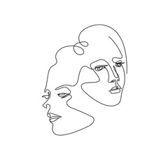 Two female faces are drawn with one line. Continuous line. Vector illustration in a minimalistic style.