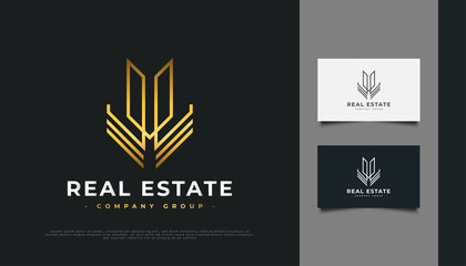 Abstract Gold Real Estate Logo Design with Line Style. Construction, Architecture or Building Logo Design