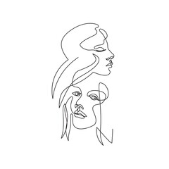 Two female faces are drawn with one line. Continuous line. Vector illustration in a minimalistic style.