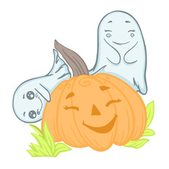 pumpkin and ghosts funny and cute colored vector halloween doodle hand drawing holiday autumn print illustration sticker