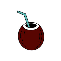 Fruit cocktail in cocount in doodle style. Simple illustration. Summer icon