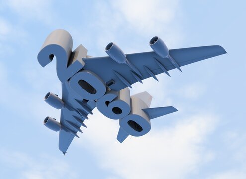 3D illustration of 2060 text with plane wings