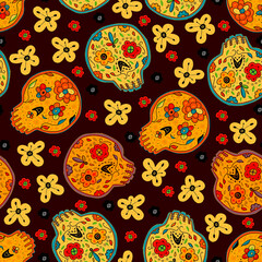 Day of the Dead. Seamless pattern with skulls and flowers on burgundy background. Fiesta. Dia de los muertos. Mexican sugar human head bones. Ogange, red, yellow, black, blue color.