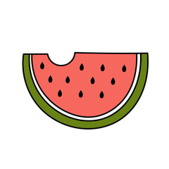Doodle style watermelon slice. Summer sweet fruit. Simple illustration isolated on white background. Summer icon