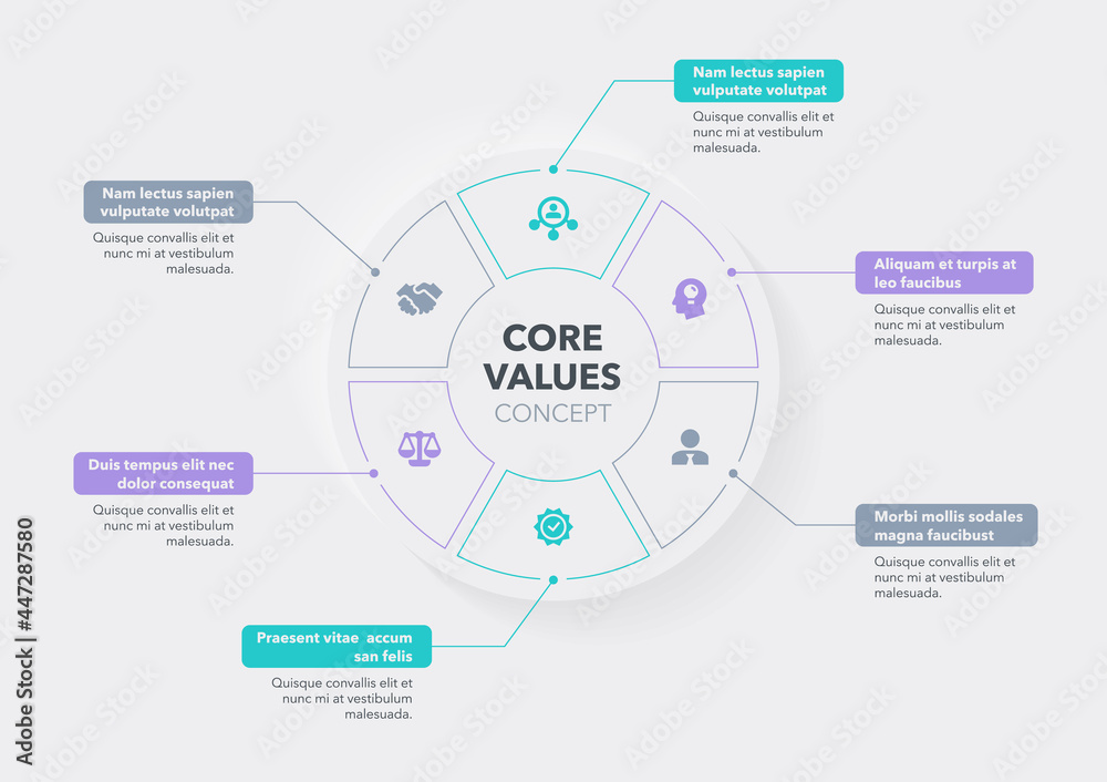 Poster Modern concept for core value diagram with six steps and place for your description. Flat infographic design template for website or presentation.