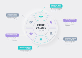 Modern concept for core value diagram with six steps and place for your description. Flat infographic design template for website or presentation.