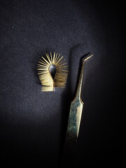False eyelashes and brushes for the master, there is a pair of tweezers nearby