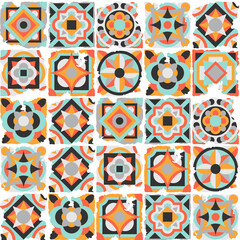 Ceramic tile abstract pattern. Geometric simple motif. Mexican talavera, portuguese azulejo or spanish majolica. Old grunge background with chipped enamel tile.