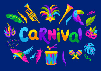 Carnival party background with celebration icons, objects and decor. Mardi Gras illustration for traditional holiday. © incomible