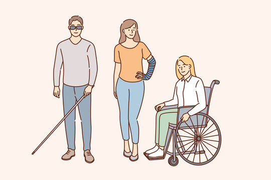 Happy lifestyle of disabled people concept. Young smiling people on wheelchair, blind with special stick and broken arm standing together enjoying life vector illustration 