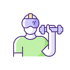 Virtual reality fitness RGB color icon. VR exercises. Sport gamification. Playstation activities. Boxing simulator, Special equipment. Isolated vector illustration. Simple filled line drawing