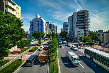 Naklejka premium A traffic jam at the avenue in the downtown in Tokyo wide shot