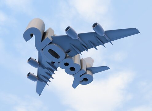 3D illustration of 2085 text with plane wings