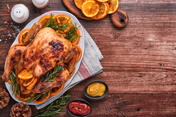 Roasted or baked whole chicken with rosemary and oranges, homemade for Christmas traditional family dinner on an old wooden rustic table. Top view with copy space.