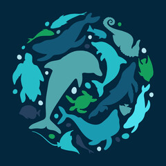 Abstract illustration of summer time concept. Underwater set of silhouettes. .Marine life, shells, seaweed. Flat vector illustration of round shape.