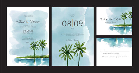 Set of Wedding Invitation, thank you, rsvp rustic card design with gold foil decoration. Vector elegant modern template, trendy cover, graphic poster, retro brochure, design template