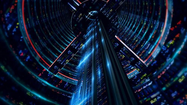 Network and data servers in giant environment of server universe of a data center or ISP with flickering lights.