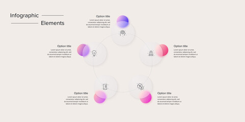 Business process chart infographics with 7 step circles. Circular corporate workflow graphic elements. Company flowchart presentation slide. Vector info graphic in glassmorphism design.