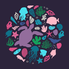 Abstract illustration of summer time concept. Underwater set of silhouettes. .Marine life, shells, seaweed. Flat vector illustration of round shape.