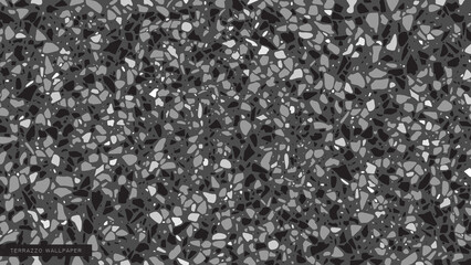 Black and white vector texture with imitation of terrazzo floor tiles. Abstract background with geometric shapes, pieces, stone fragments. Wallpaper, design in beauty industry, banners, advertising 