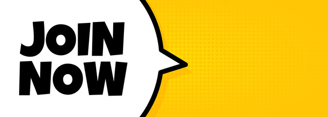 Join now. Speech bubble banner with Join now text. Loudspeaker. For business, marketing and advertising. Vector on isolated background. EPS 10