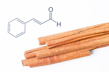 Aromatic cinnamon and Cinnamaldehyde, chemical structure and formula.