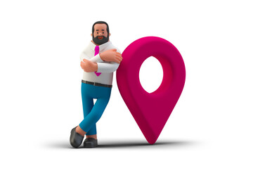 Businessman Standing near GeoPoint Navigation sign isolated on White Background 3D illustration. 3D people collection