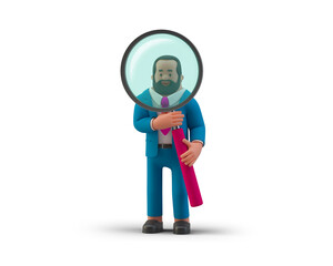 Businessman holding Magnifier Glass Search concept isolated on White Background 3D illustration. 3D people collection