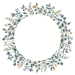 Round frame wreath of various magnificent leaves and branches with cute tine yellow flowers. Realistic botanical hand-drawn illustration. Greenery floral circle border for prints, wedding decor